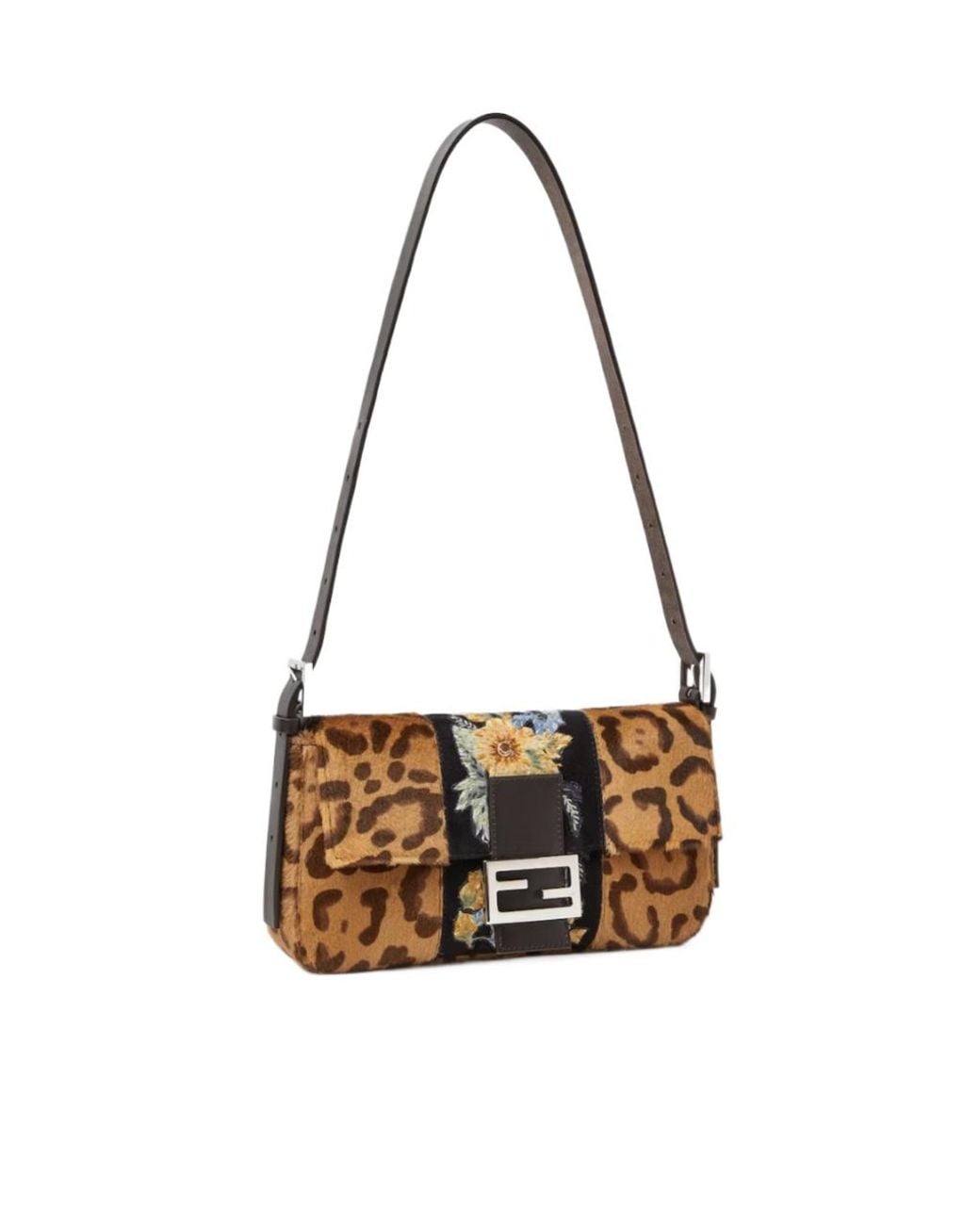 Fendi Brown Baguette 26424 Embroidered Jaguar Print Pony-Effect Leather Bag