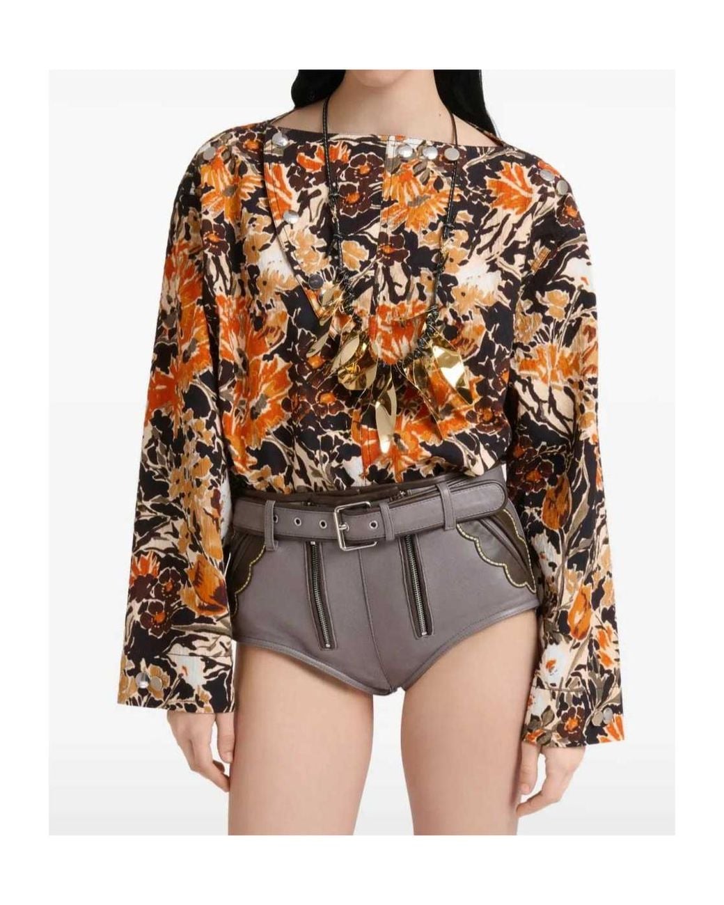 Marni Brown Cloqué Top With Extreme Bouquet Print