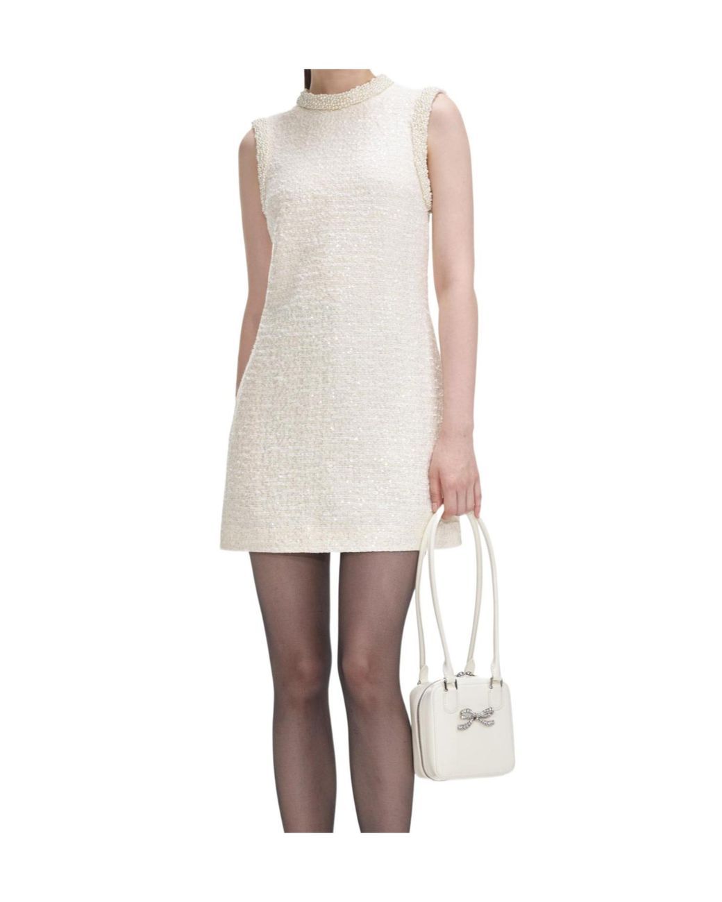 Self-Portrait White Boucle Embellished Trim Mini Dress