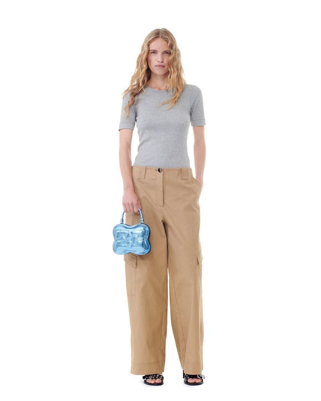 Ganni Natural Herringbone Mid-Rise Pants