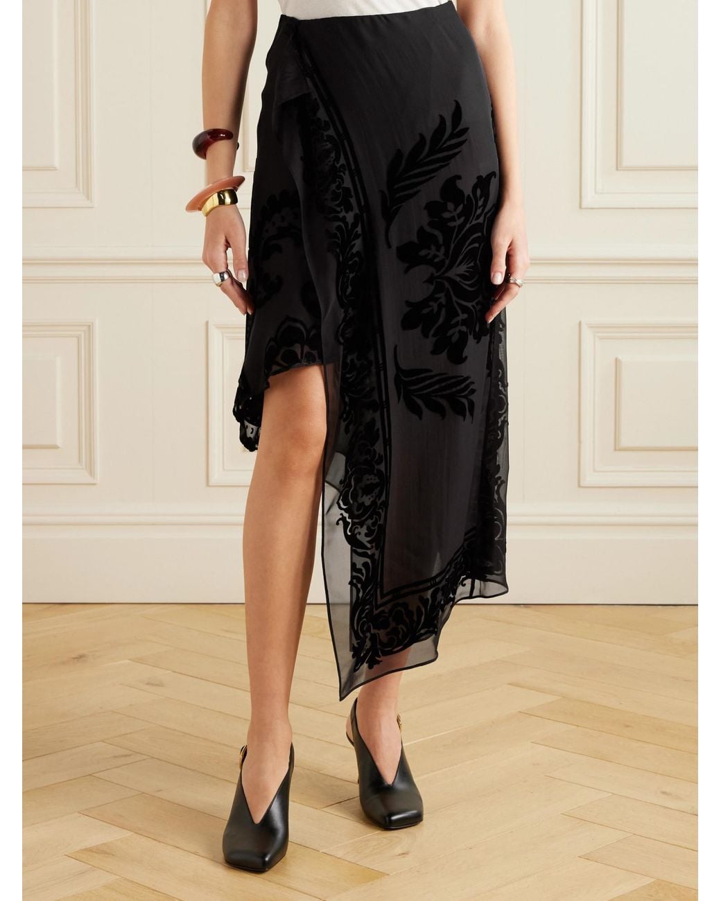 Etro Black Asymmetric Devoré-Velvet Wrap Skirt