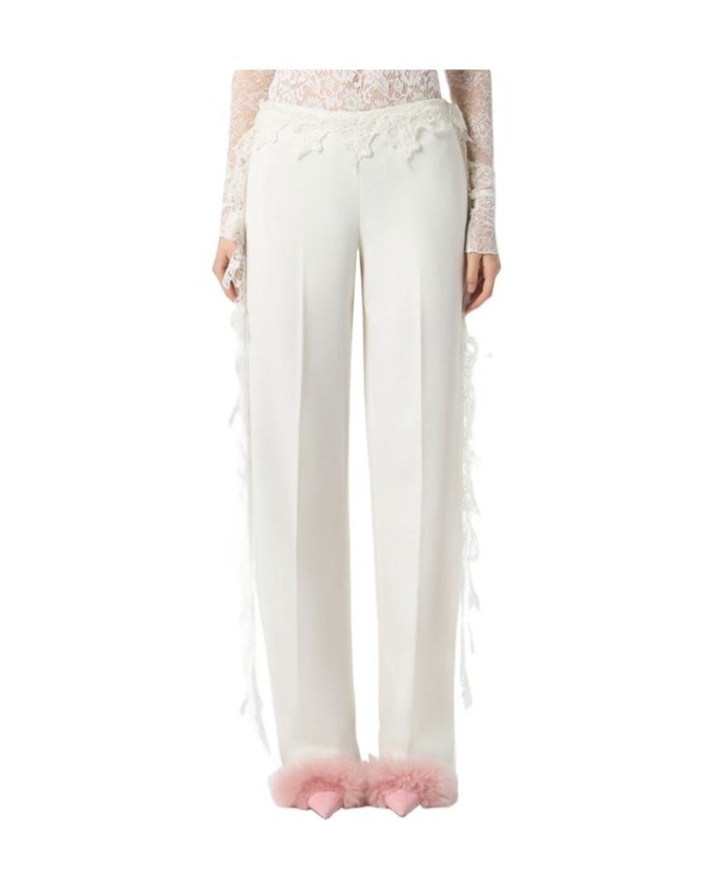 Blumarine White Lace-Detailed Draped Trousers