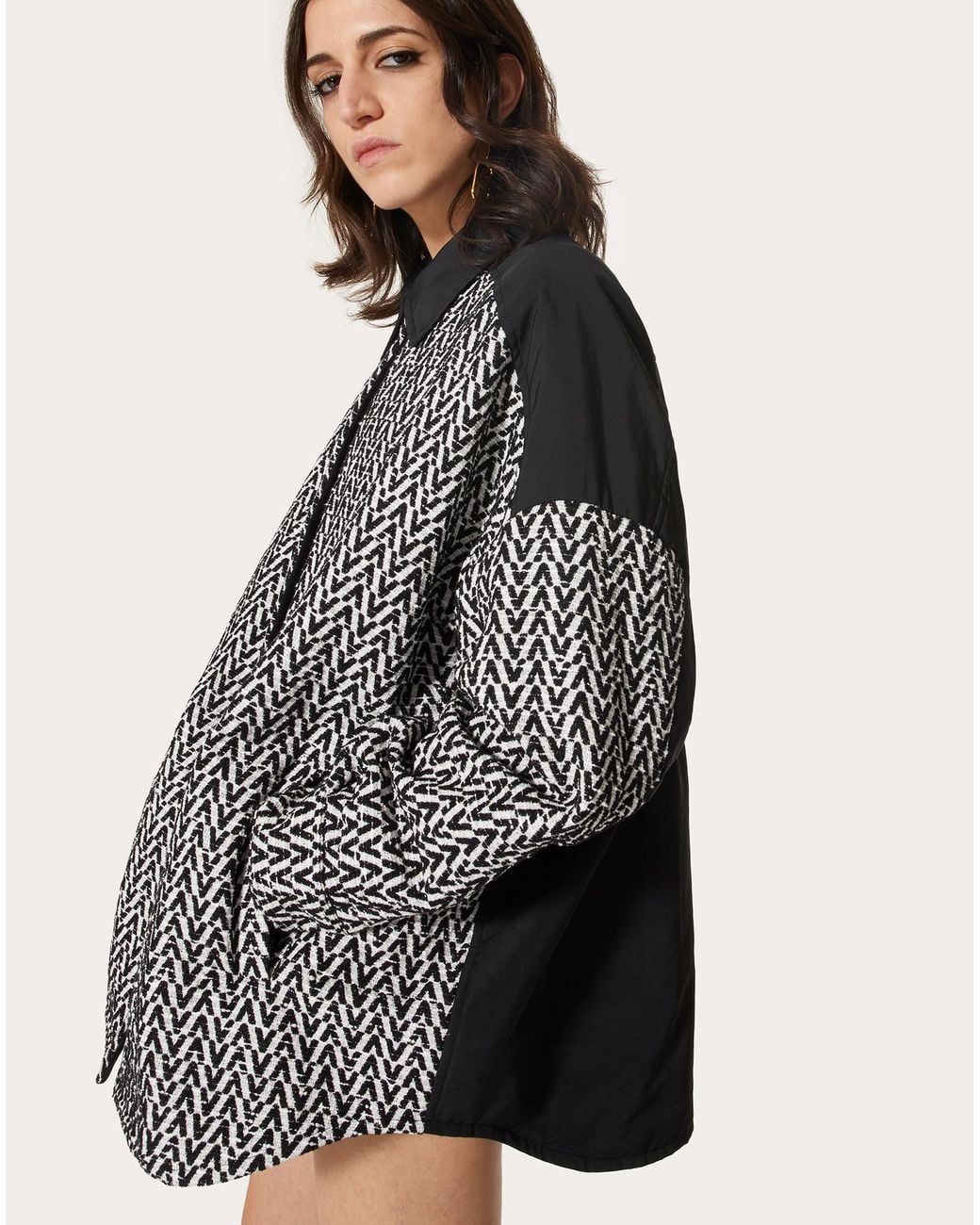 Valentino Black Optical Bouclé Drawstring-Waist Jacket