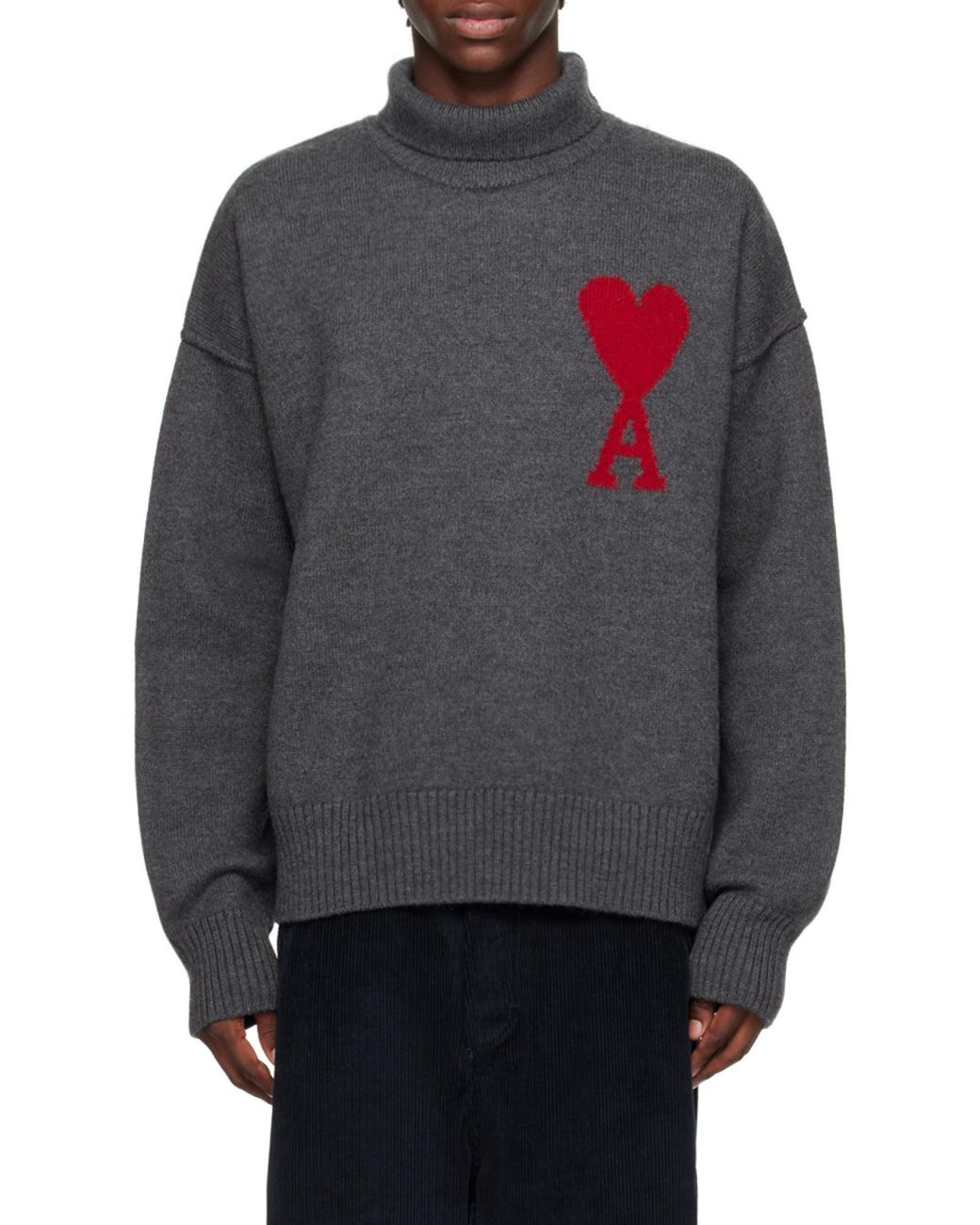 AMI Gray Ami De Coeur Logo Intarsia Knitted Roll-Neck Jumper for men