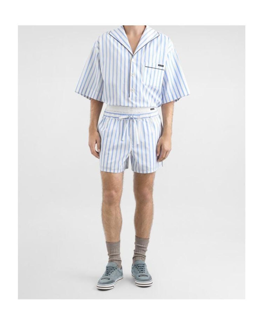 Dolce & Gabbana Blue Striped Hawaiian Collar Shirt for men
