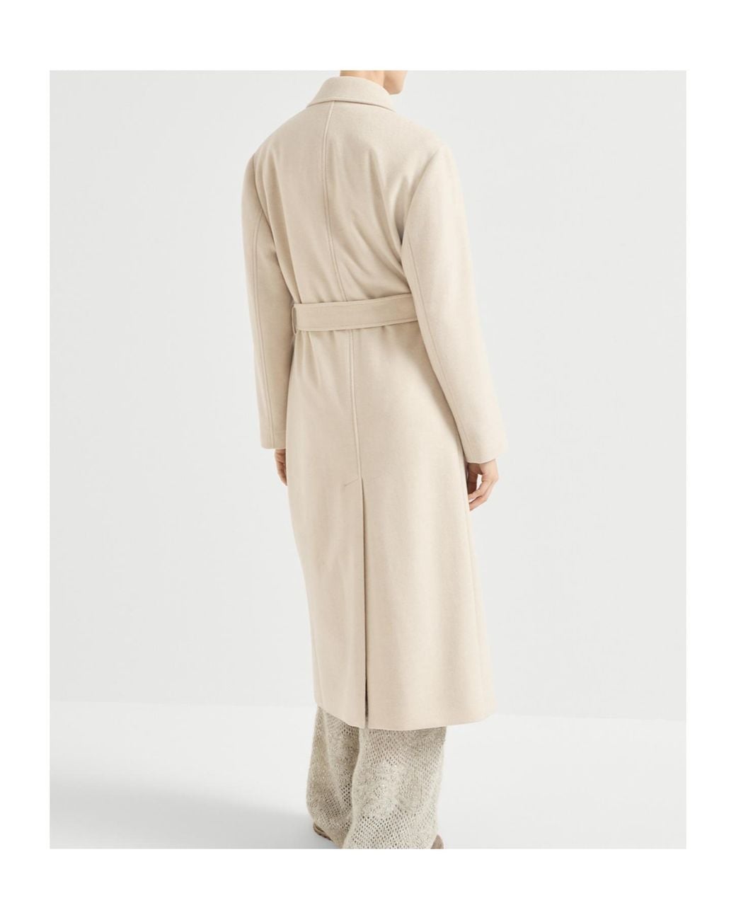 Brunello Cucinelli Natural Lightweight Water-Resistant Cashmere Belted Coat With Monili