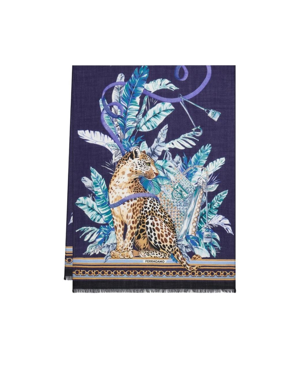 Ferragamo Blue Feline Print Pure Wool Stole