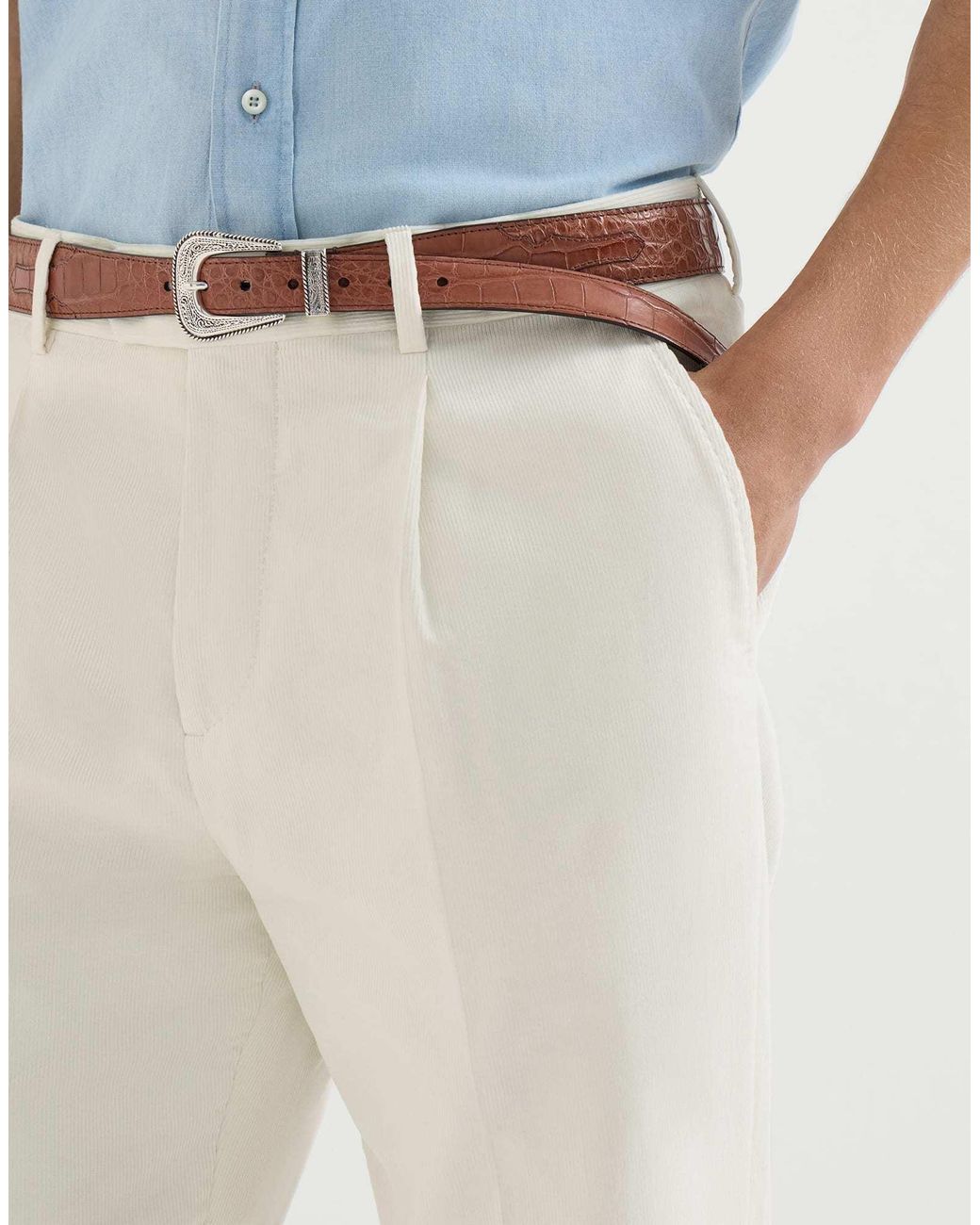 Brunello Cucinelli White Sea Island Cotton Narrow Wale Corduroy Trousers With Pleat for men