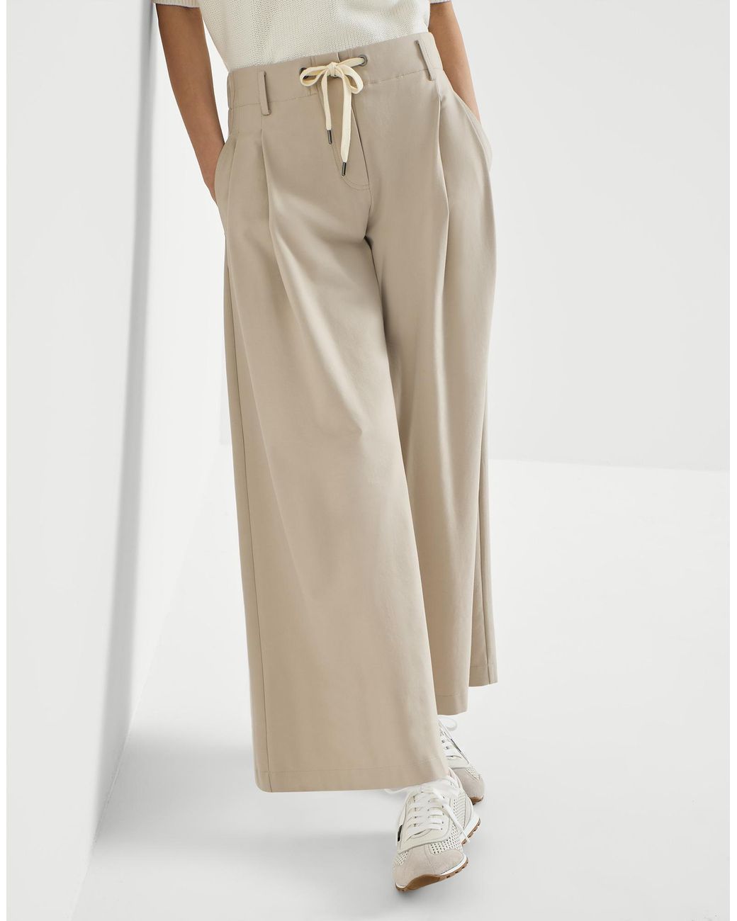 Brunello Cucinelli Natural Drawstring Straight-Leg Trousers
