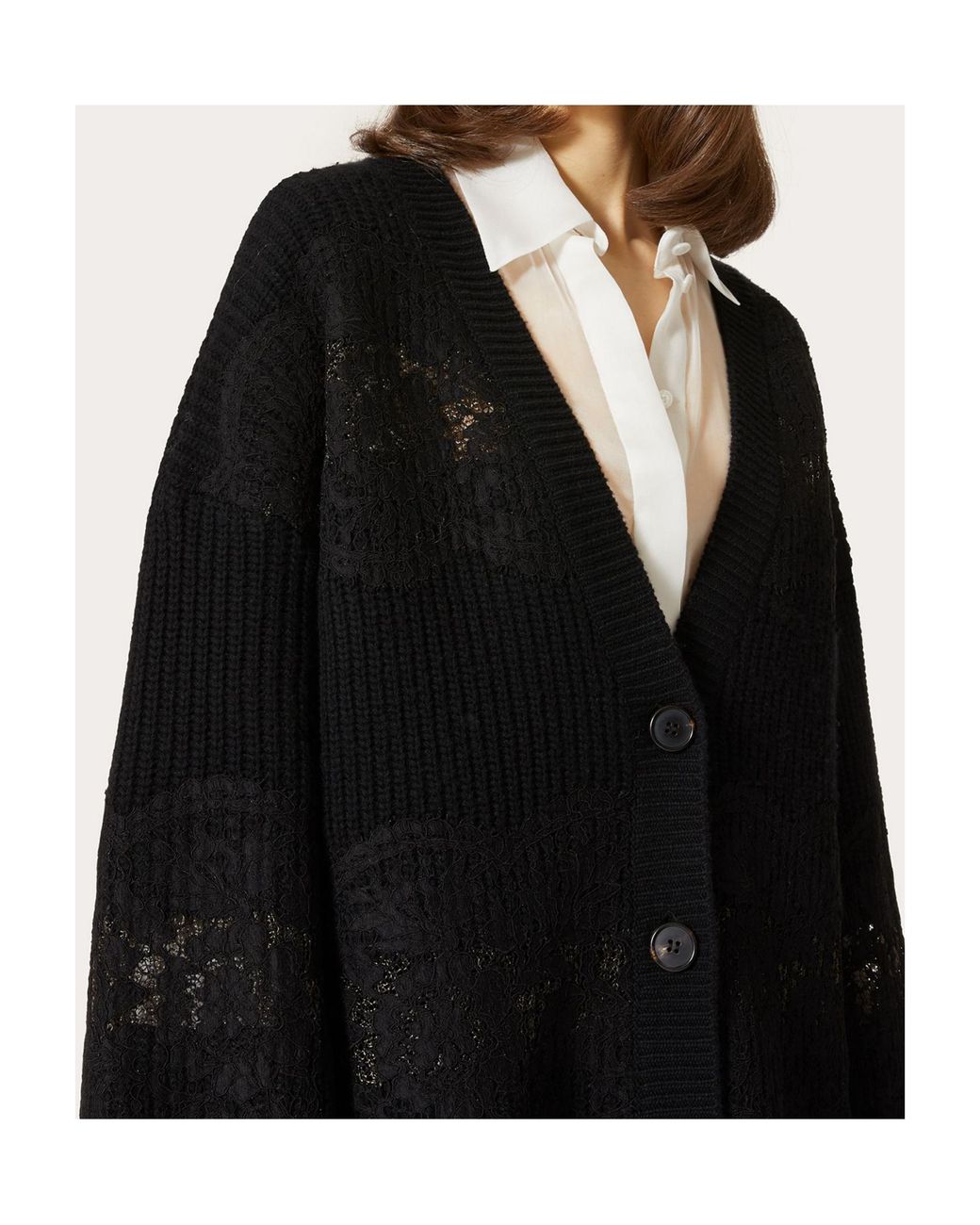 Valentino Black Lace-Insert Wool Cardigan
