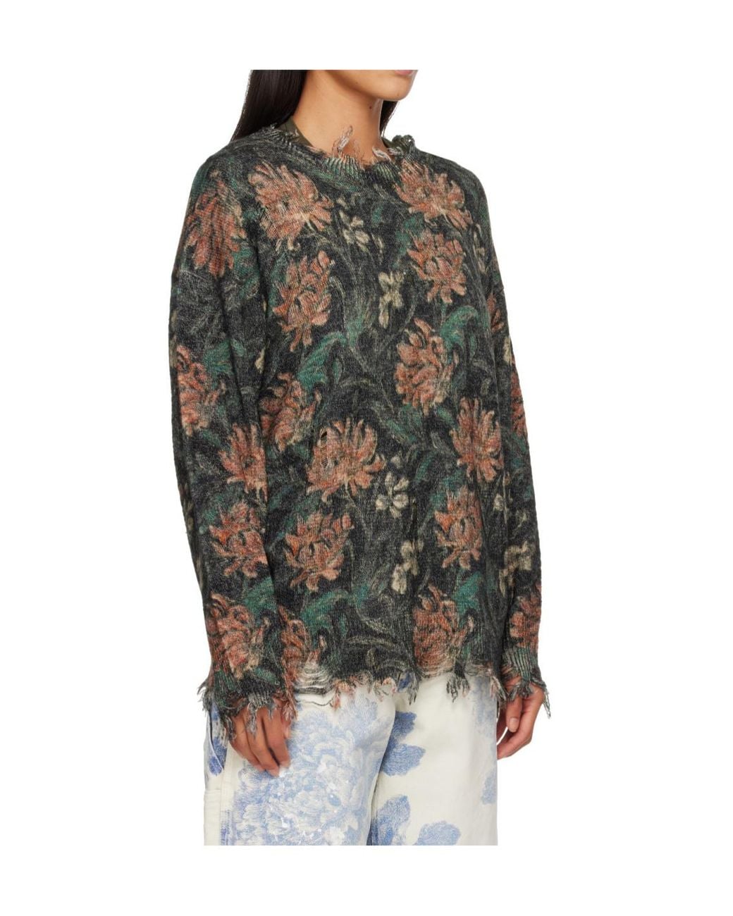 R13 Gray Distressed-Finish Round-Neck Sweater