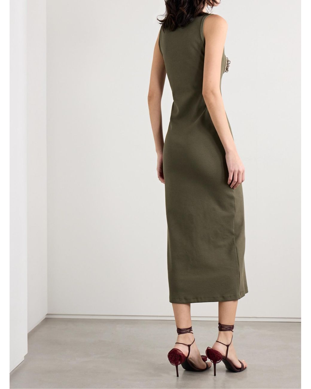 Magda Butrym Green Crochet-Trimmed Ribbed Jersey Midi Dress