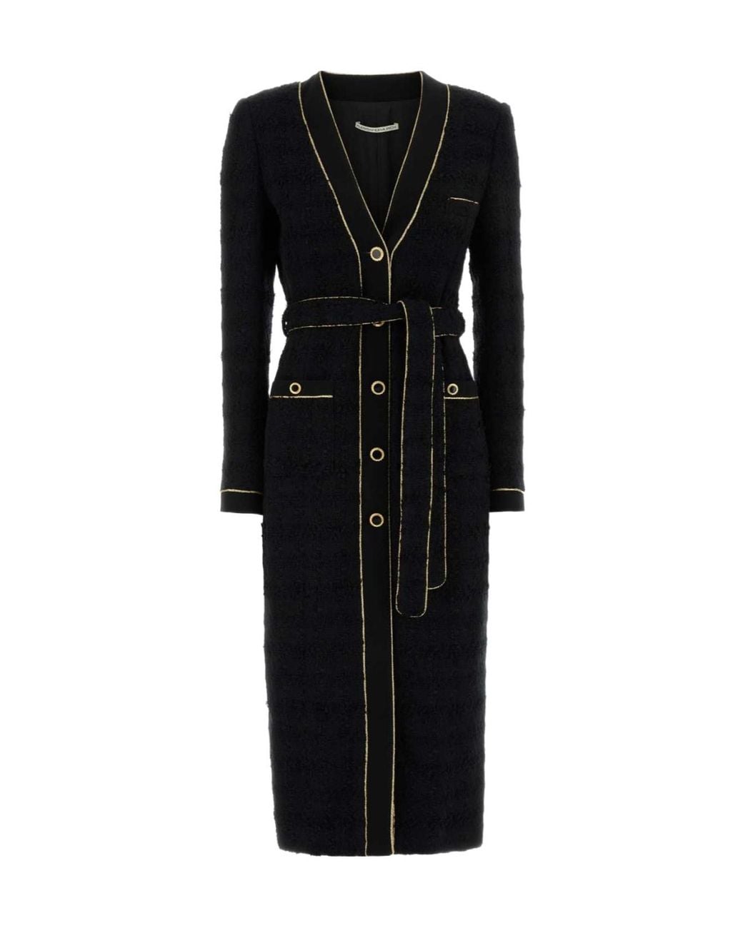 Alessandra Rich Black Belted Tweed Robe Coat