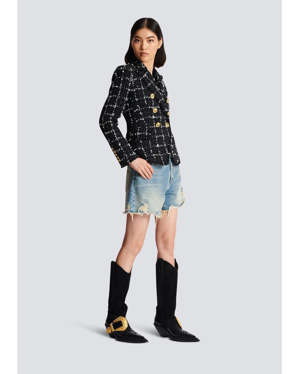 Balmain Black Check Tweed 6-Button Jacket