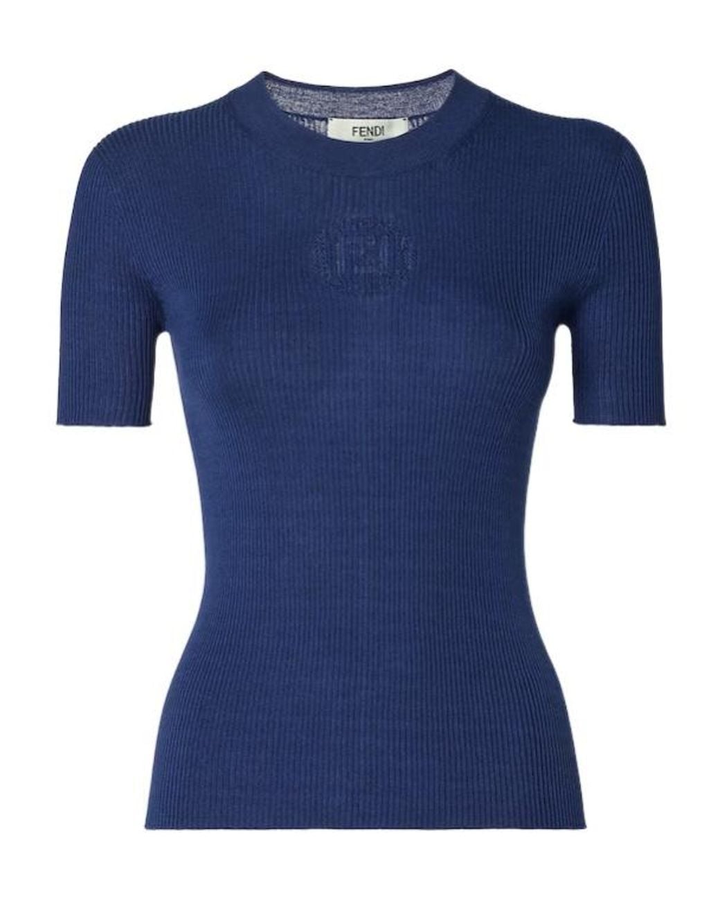 Fendi Blue Ribbed Short-Sleeve Sweater