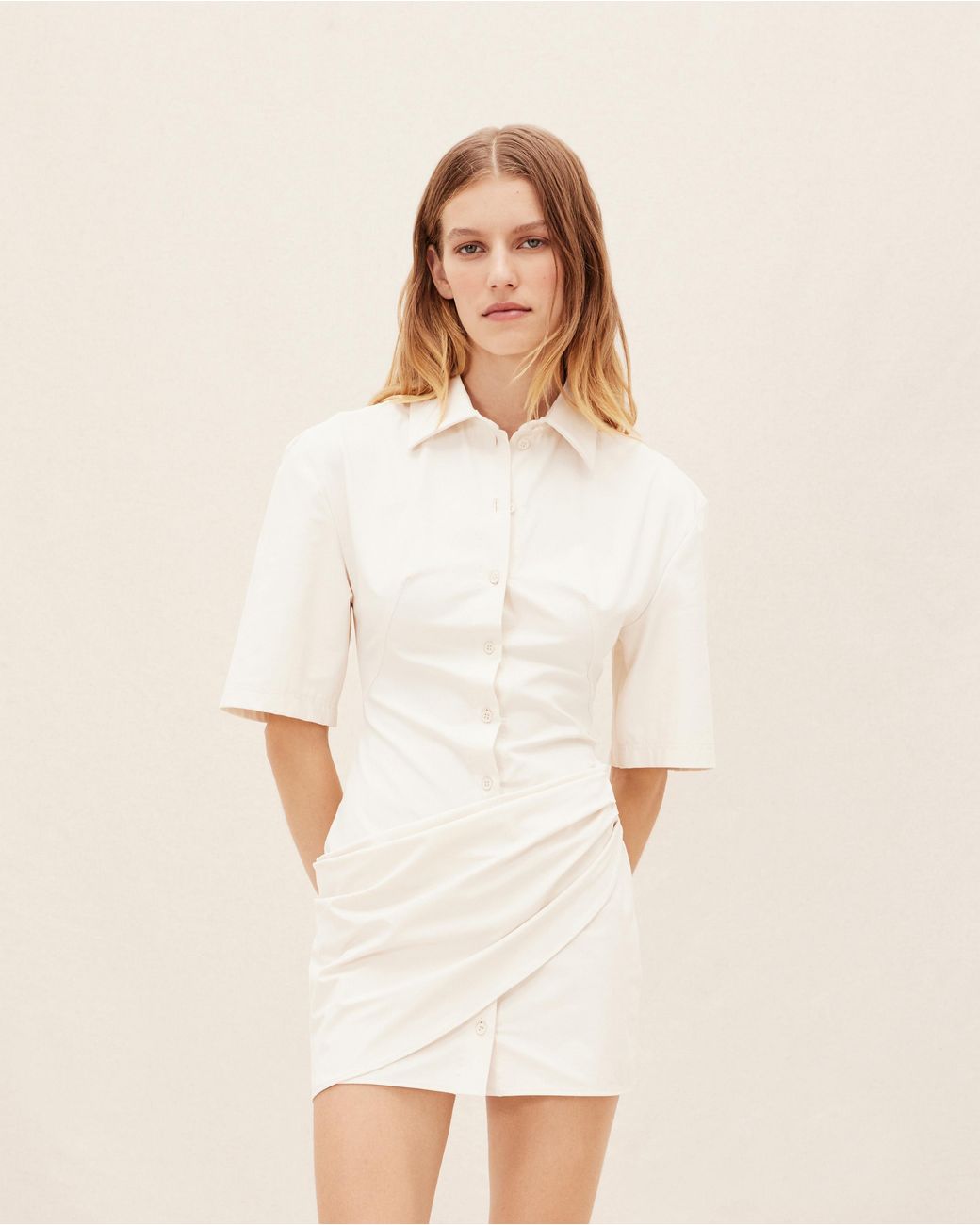 Jacquemus Natural Camisa Draped Mini Shirt Dress