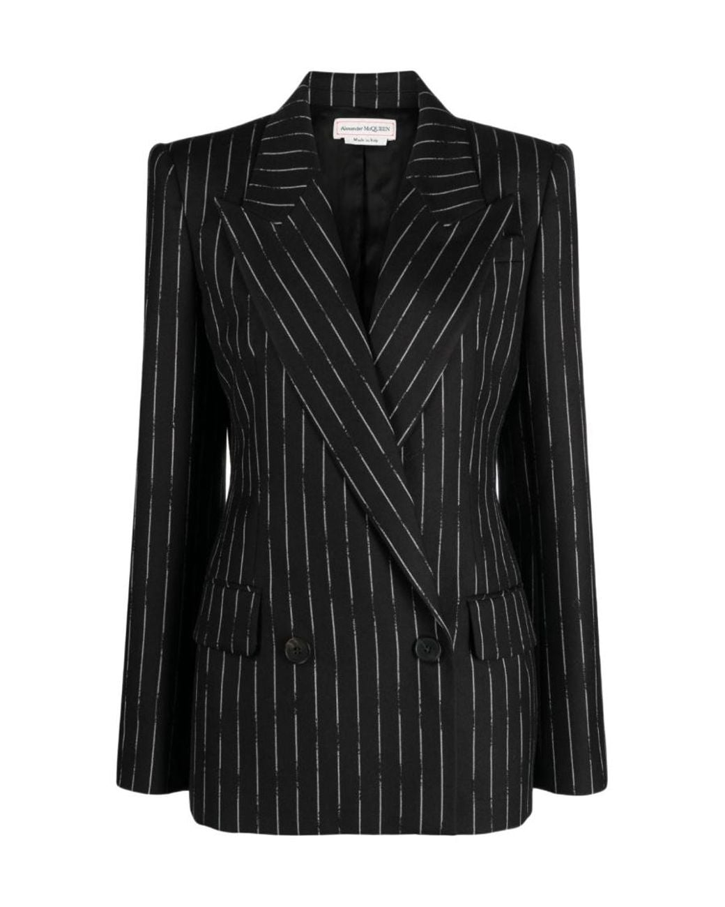 McQueen Black Flared Double-Breasted Pinstripe Blazer