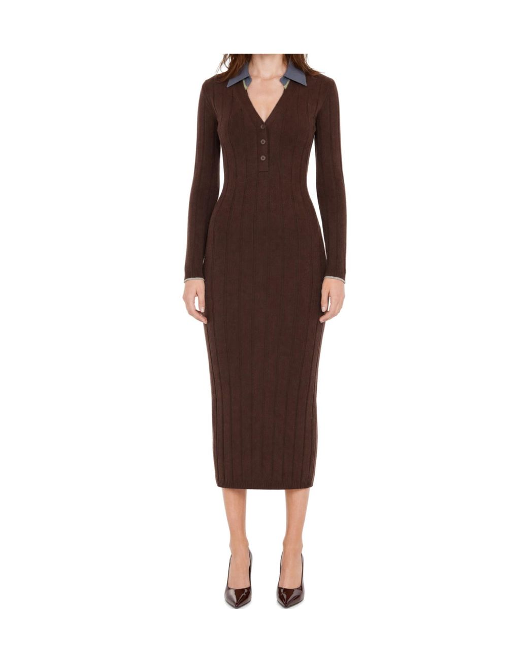 Patrizia Pepe Brown V-Neck Ribbed-Knit Dress