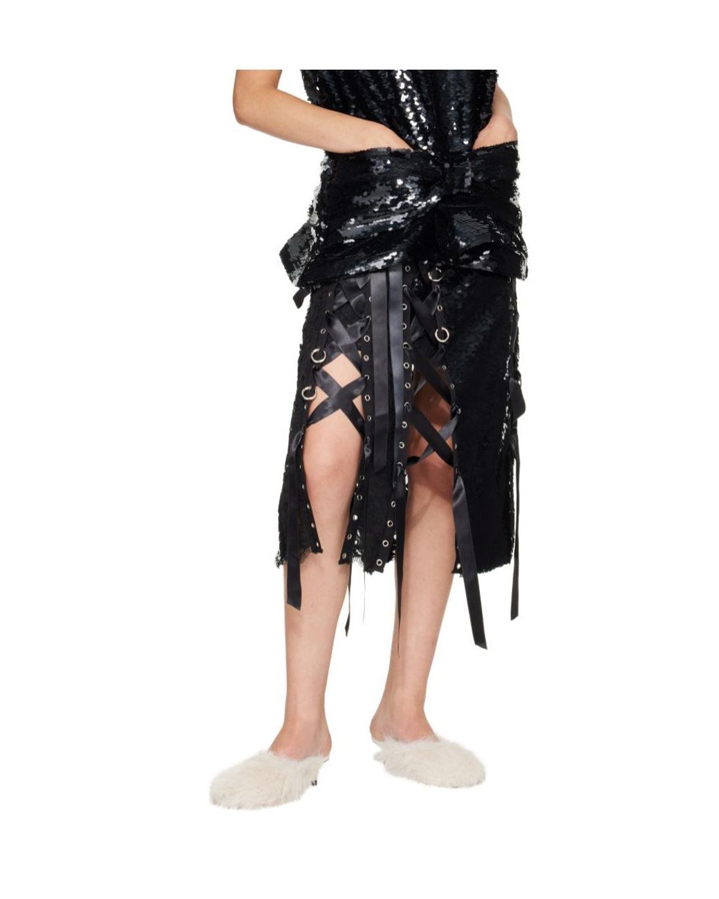Simone Rocha Black Sequin-Embellished Lace-Patchwork Midi Skirt