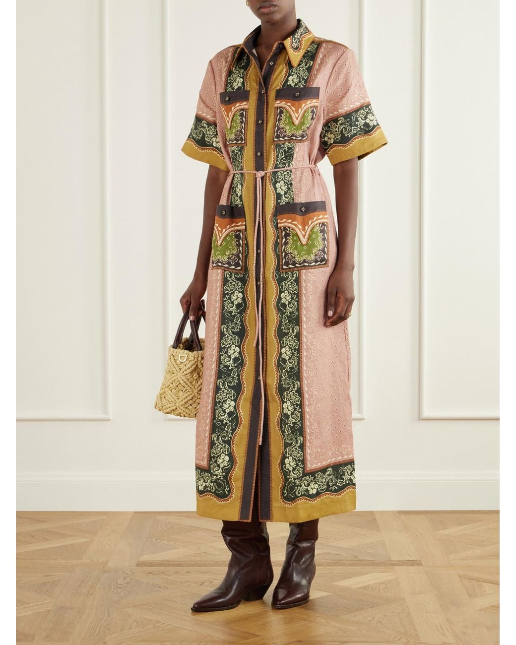 ALÉMAIS Metallic Belted Printed Hemp Midi Dress