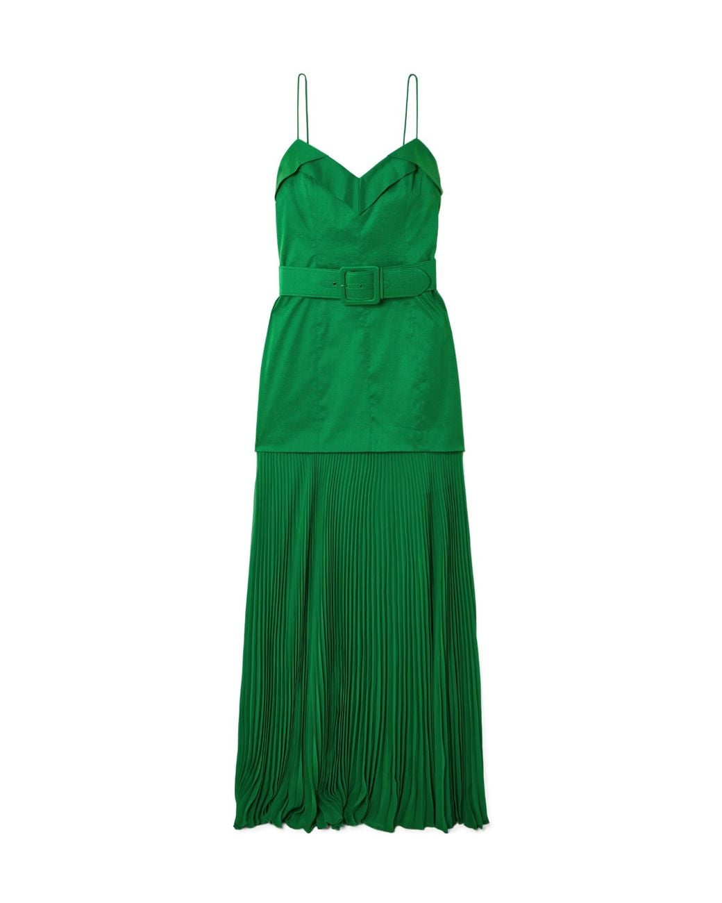 Rebecca Vallance Green Bailey Belted Pleated Crepe Maxi Dress