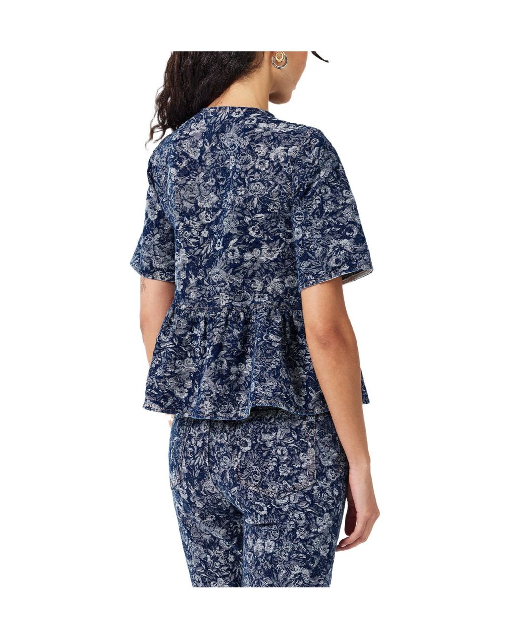 Ganni Blue Cotton Poplin Peplum Tie Blouse