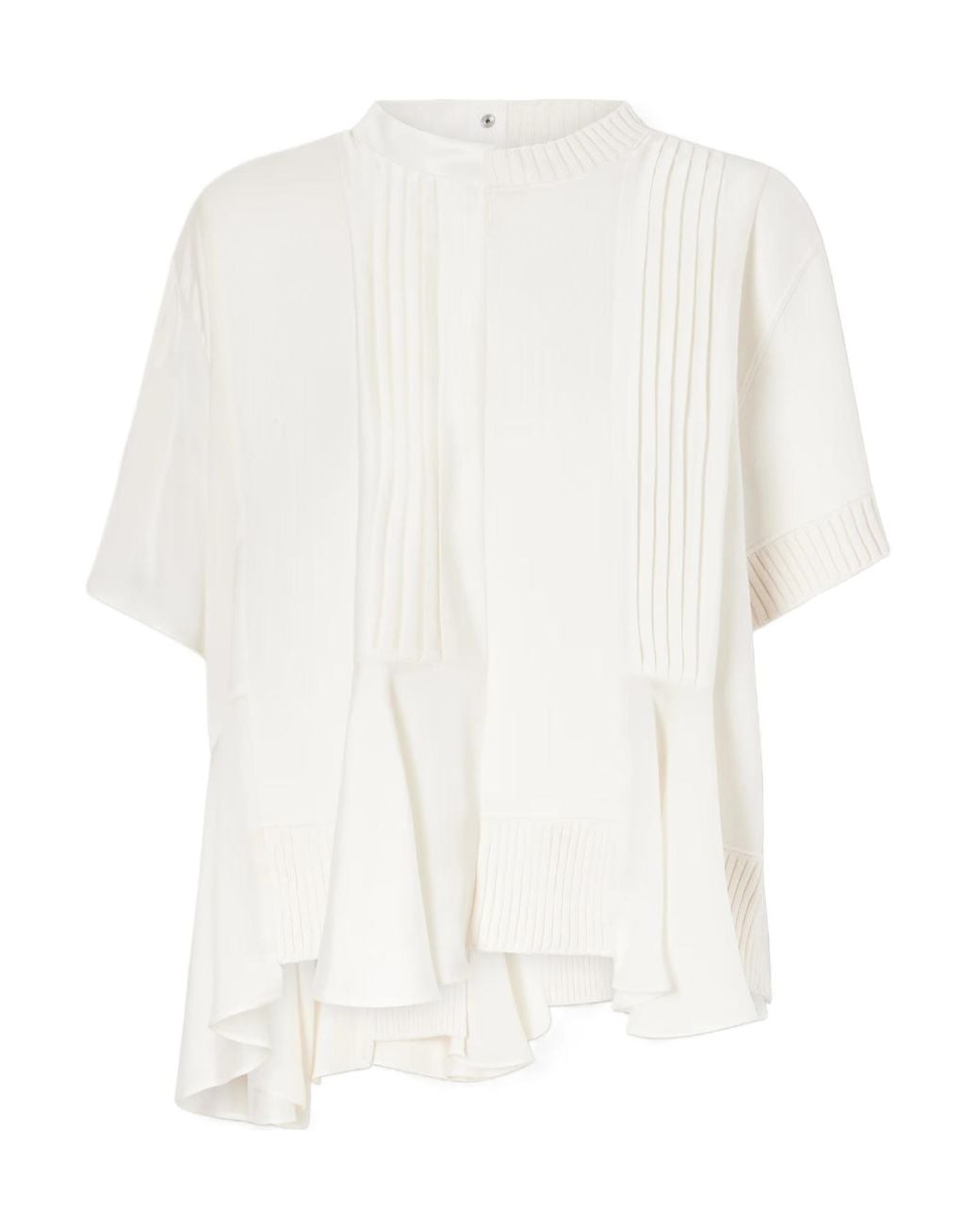 Sacai White Patchwork Ruffled Chiffon Cotton Blend Top