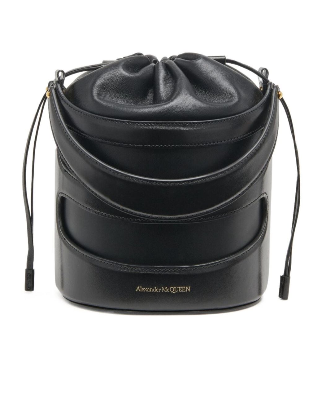 McQueen Black Logo Printed Drawstring Bucket Bag