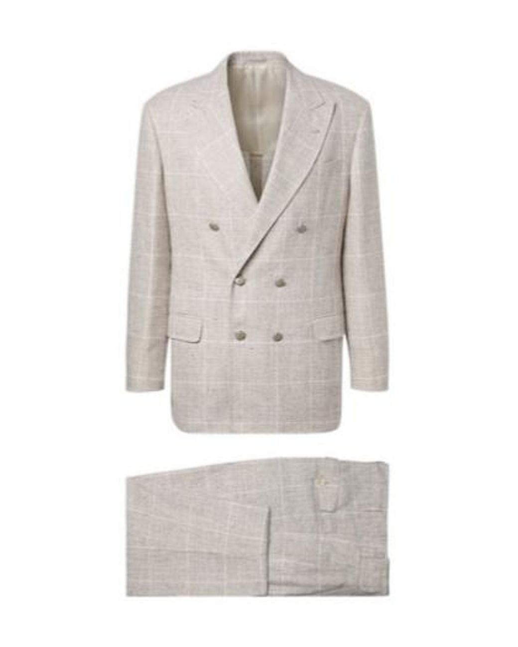 Brunello Cucinelli Gray Light Linen Check Double-Breasted Suit for men