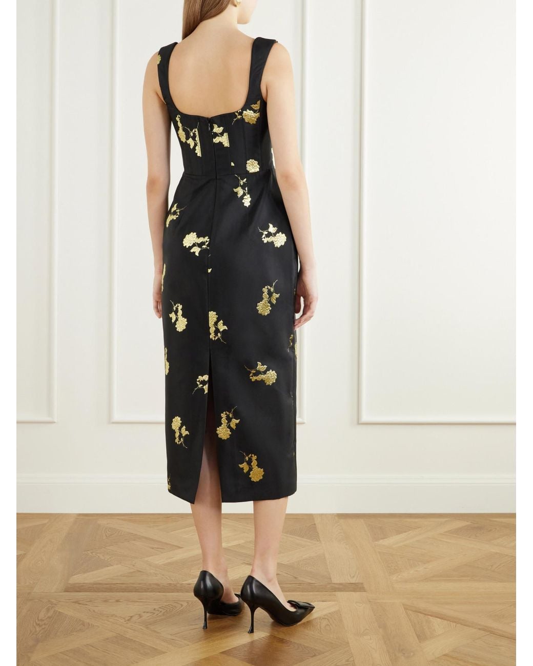 Rebecca Vallance Black Floral-Embroidered Bustier Midi Dress