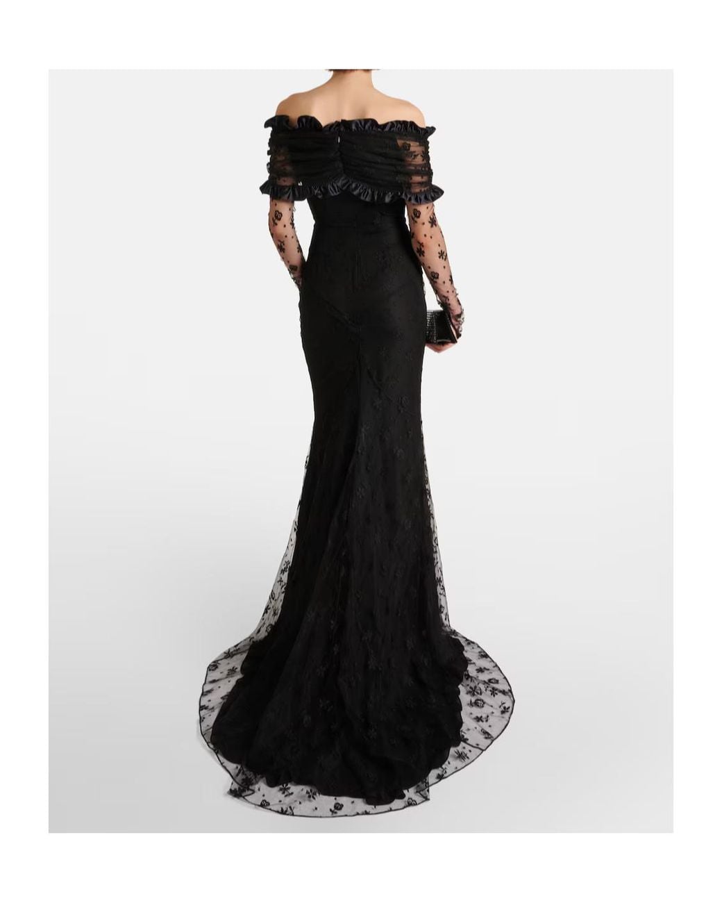 Alessandra Rich Black Bow-Decorated Ruffled Off-Shoulder Lace Dress