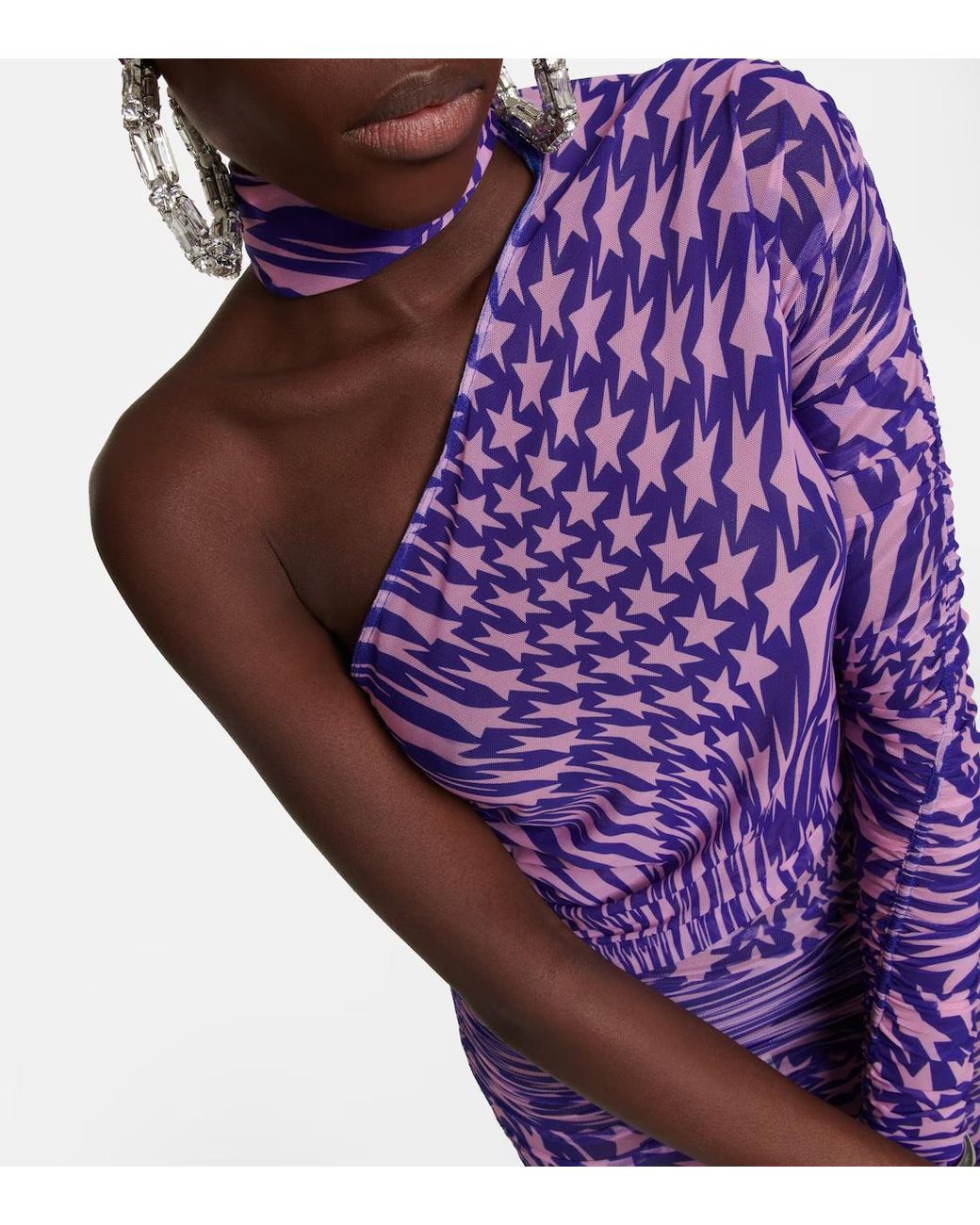Mugler Purple Printed Mesh Lace Dress
