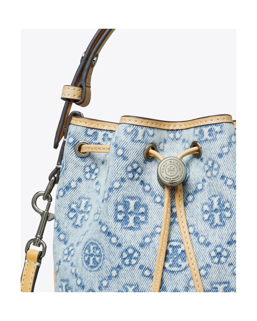 Tory Burch Blue T Monogram Drawstring Bucket Bag