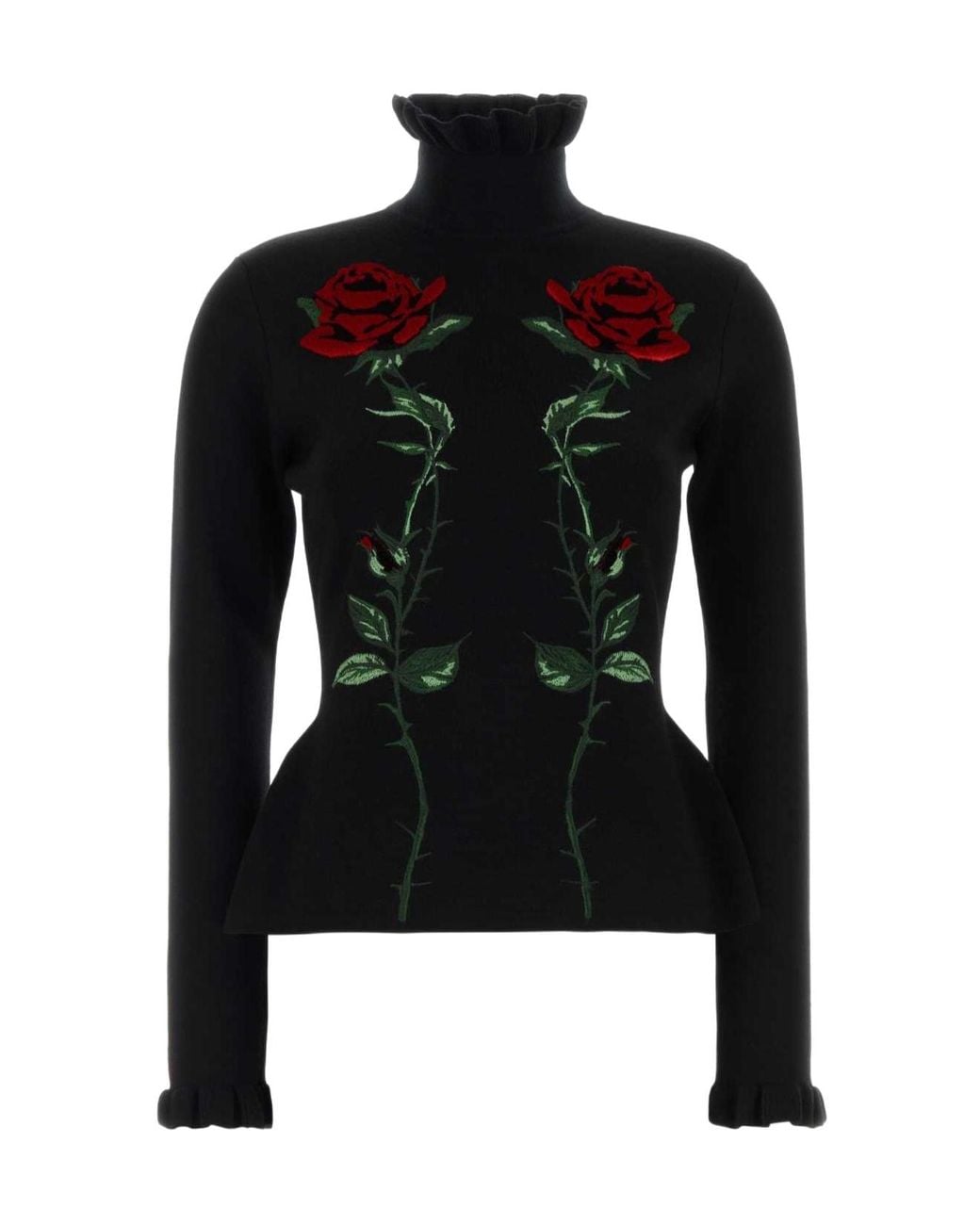 Blumarine Black Rose Embroidered Turtleneck Sweater