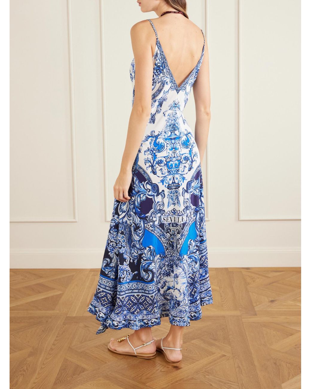 Camilla Blue Crystal-Embellished Printed Silk Midi Dress