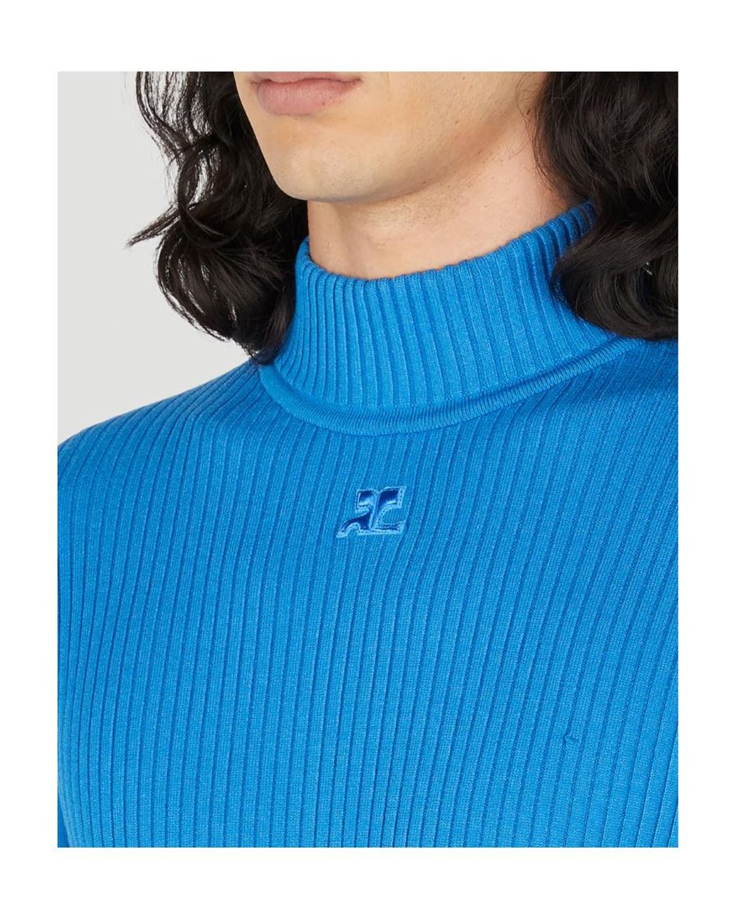 Courreges Blue Ribbed-Knit Mock-Neck Jumper for men