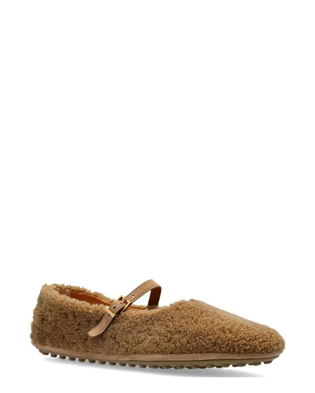 Tod's Brown Buckled Shearling-Effect Ballet Flats