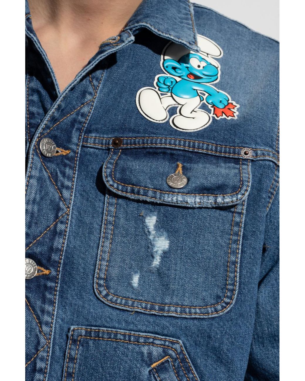 DSquared² Blue The Smurfs Distressed-Effect Denim Jacket for men