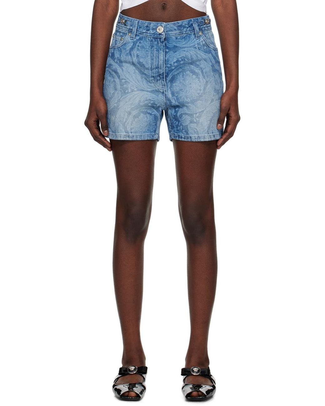 Versace Blue Logo-Patch Denim Shorts