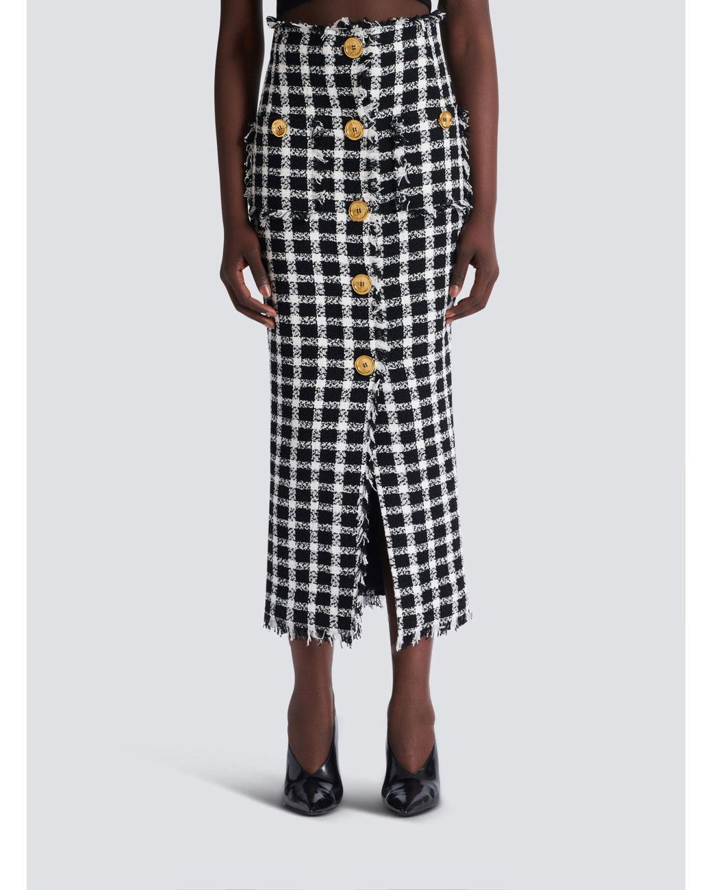 Balmain Black Gingham Tweed Long Skirt