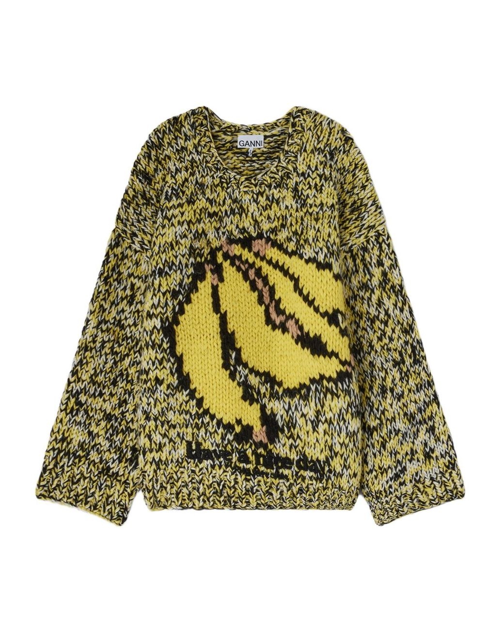 Ganni Green Wool Hand-Knitted Crew Neck Sweater