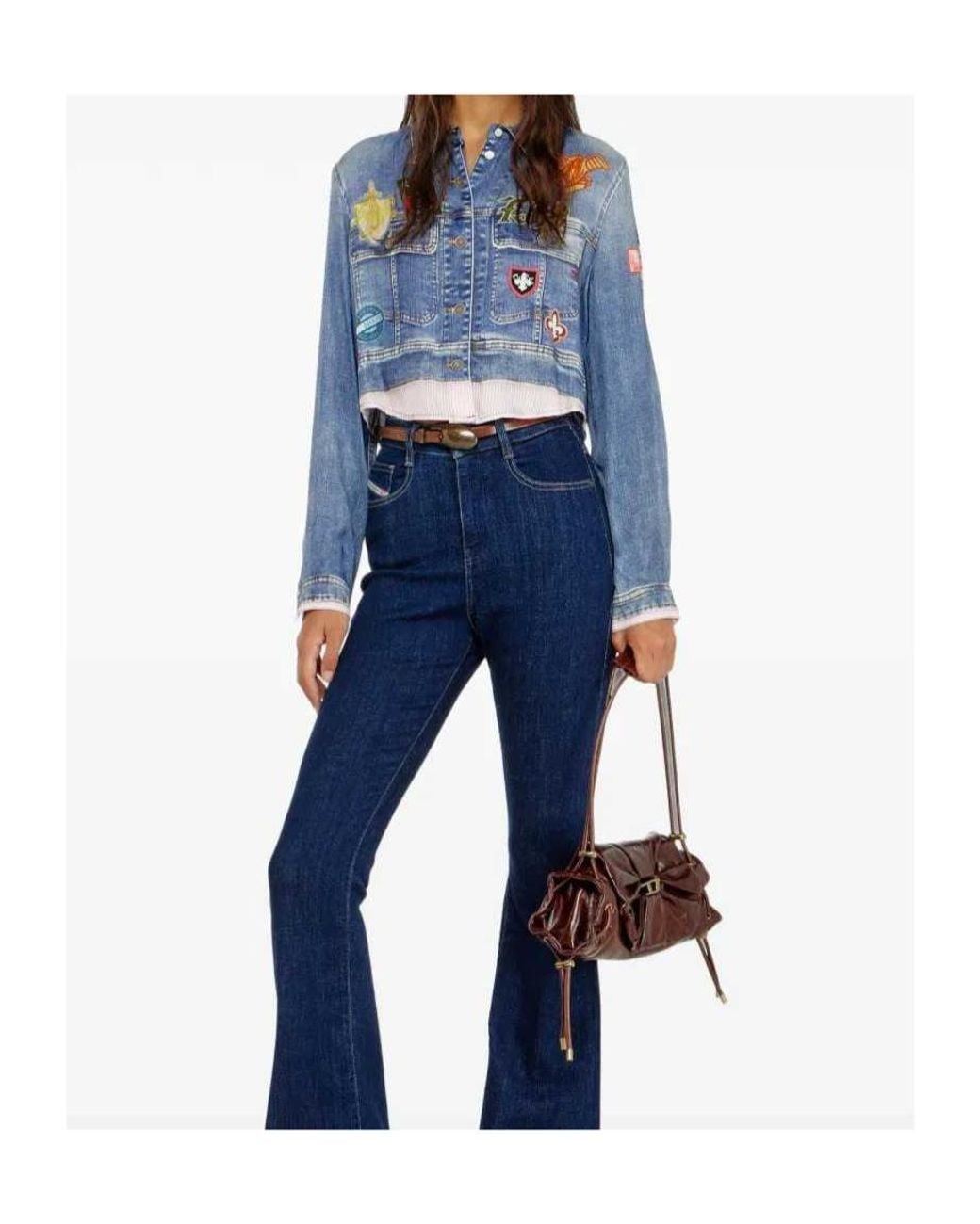 DIESEL Blue Cropped Satin Shirt With Trompe-Loeil Denim Print