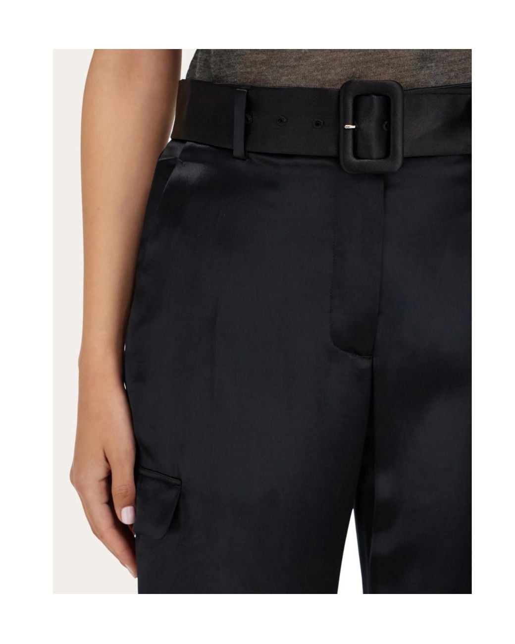 Ferragamo Black Ferragamo Belted Waist Satin Cargo Trousers