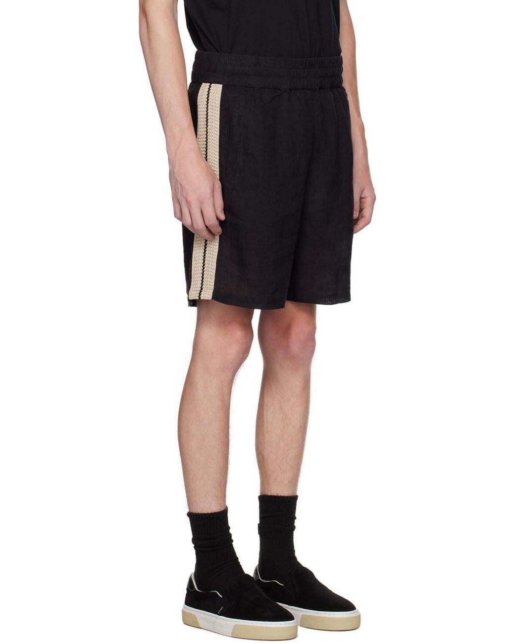 Palm Angels Black Monogram-Embroidered Striped Shorts for men