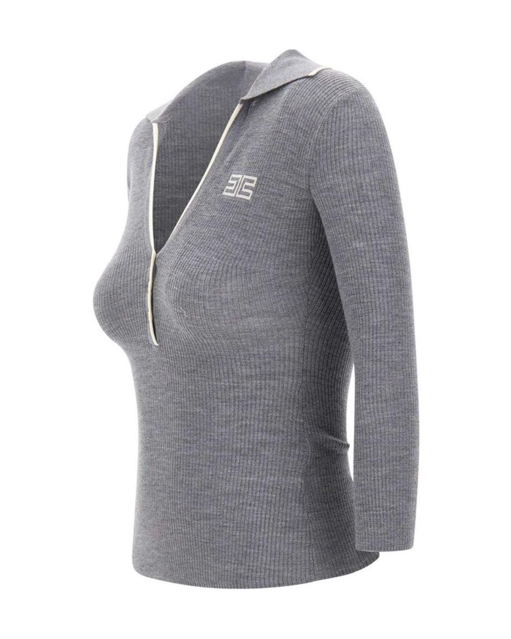 Elisabetta Franchi Gray Ribbed Polo Top