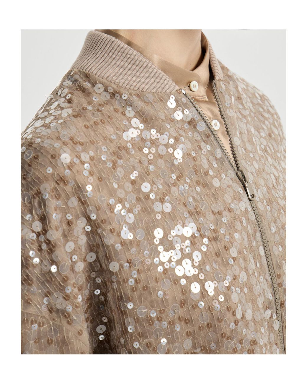 Brunello Cucinelli Brown Sequin-Embroidery Bomber Jacket