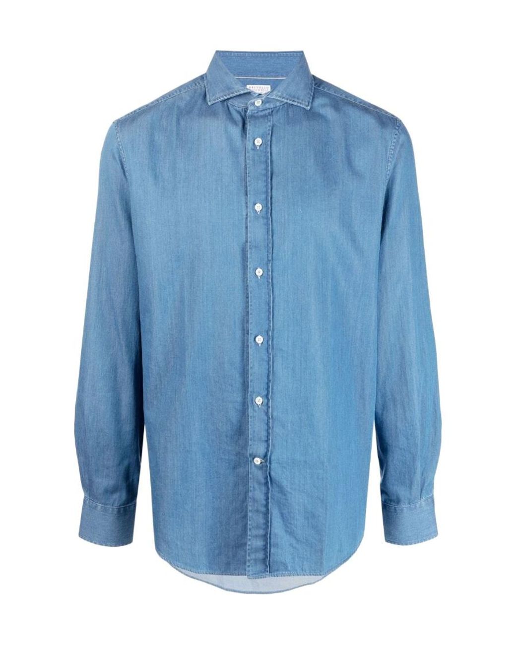 Brunello Cucinelli Blue Curved Hem Buttoned Denim Shirt for men