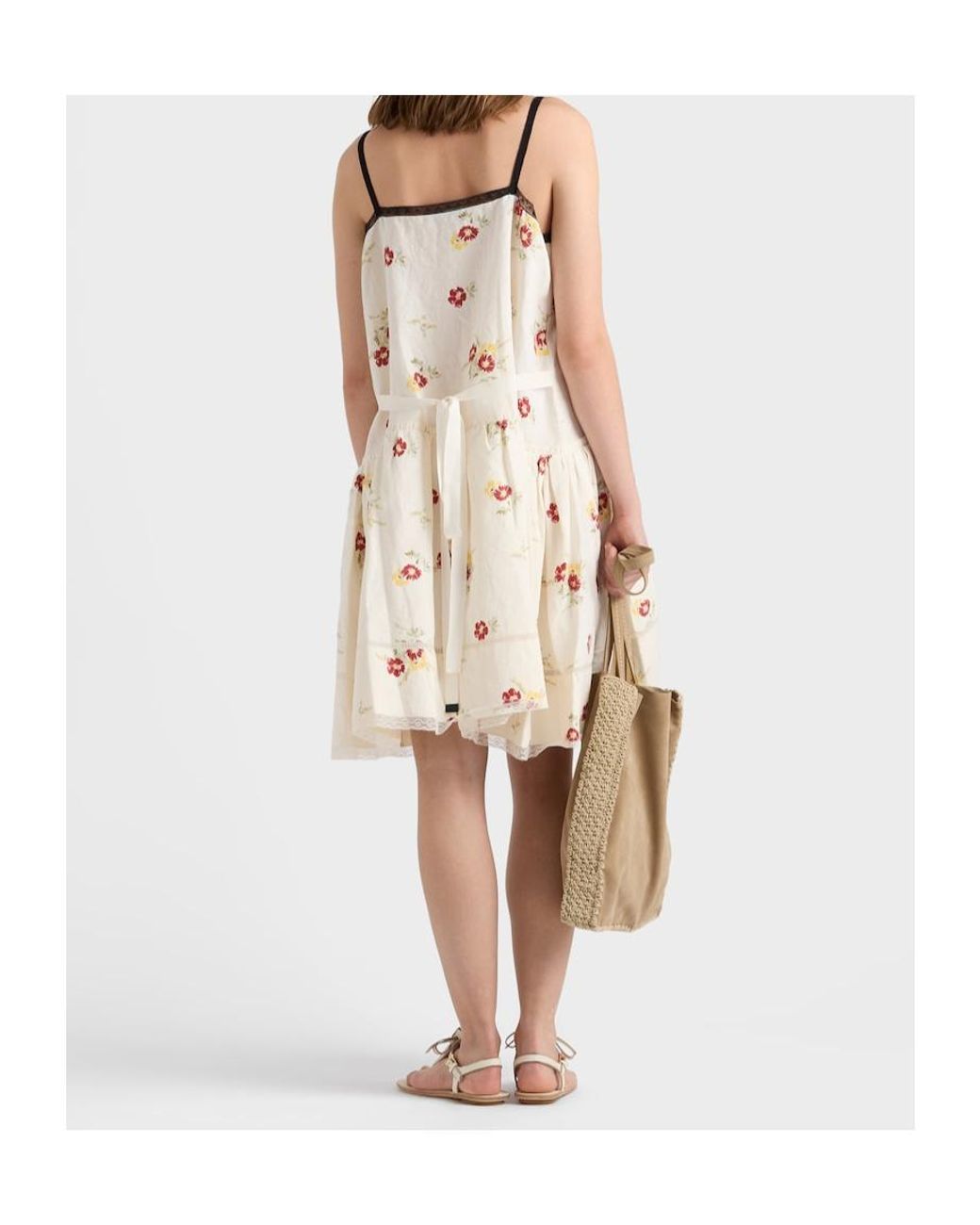 Prada Natural Embroidered Linen Mini-Dress With Floral Motif