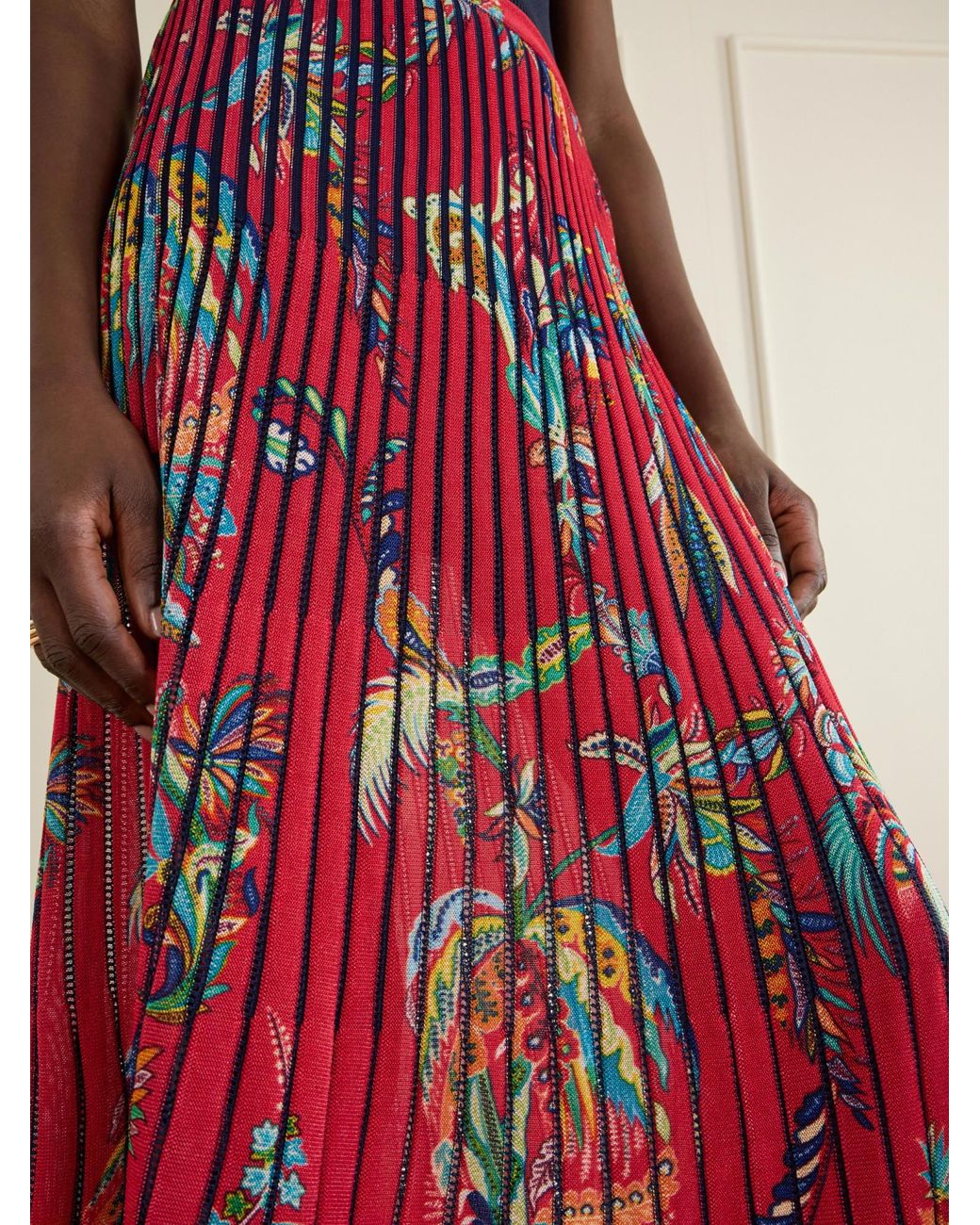 Etro Red Floral And Paisley-Print Knitted Midi Skirt
