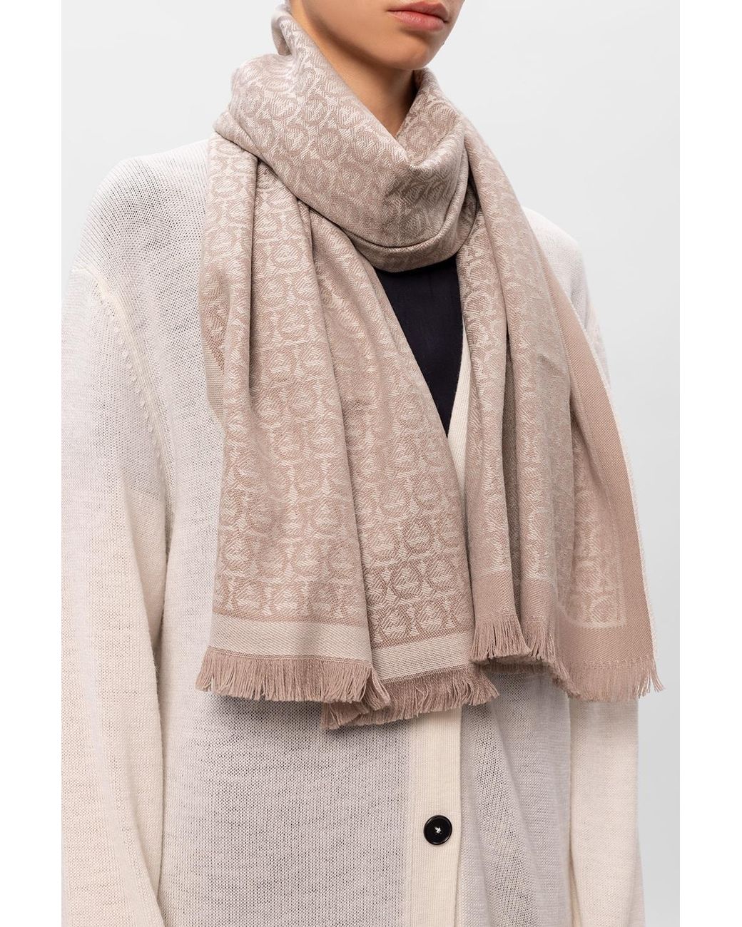 Ferragamo Natural Ferragamo Gancini Patterned Fringed Scarf